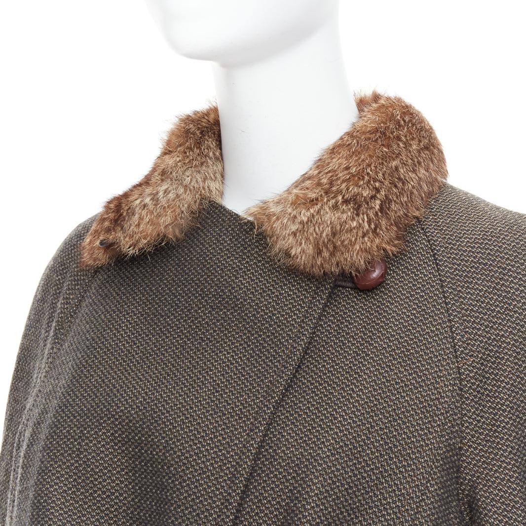 YVES SAINT LAURENT Vintage brown wool tweed fur trim maxi coat FR36 S 4
