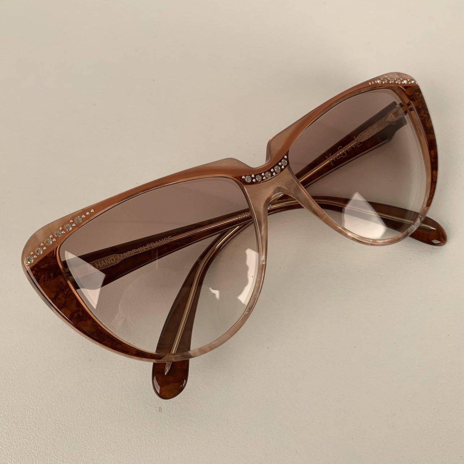 Brown Yves Saint Laurent Vintage Cat Eye Sunglasses Rhinestones 8 704 PO 74