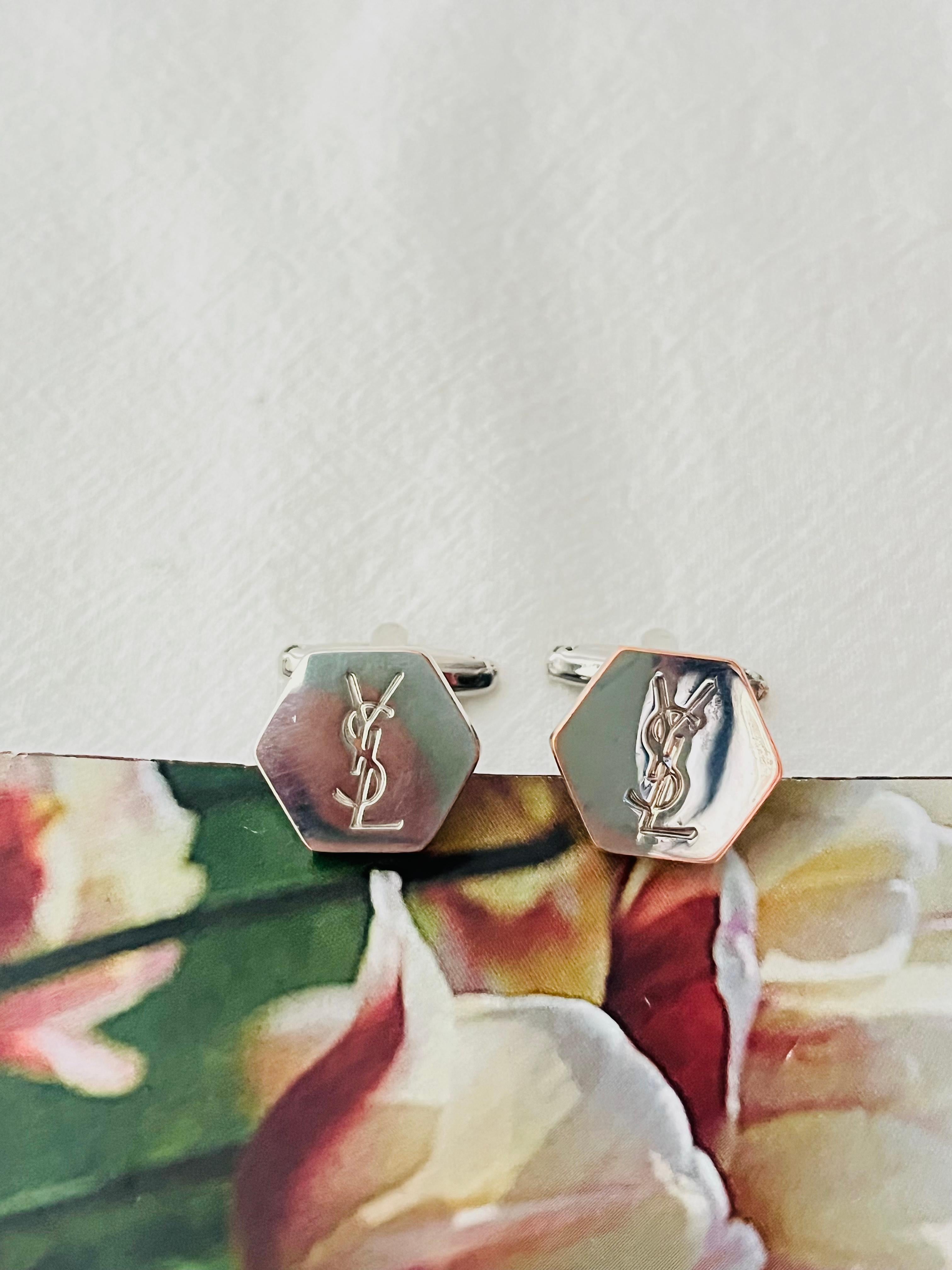 Art Deco Yves Saint Laurent Vintage Classic Logo Hallmark YSL Hexagon Silver Cufflinks For Sale