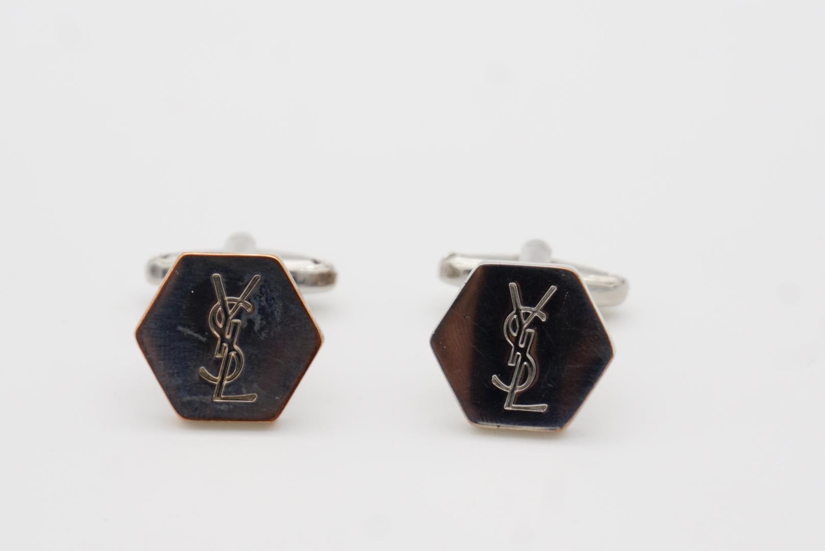 Yves Saint Laurent Vintage Classic Logo Hallmark YSL Hexagon Silver Cufflinks For Sale 1