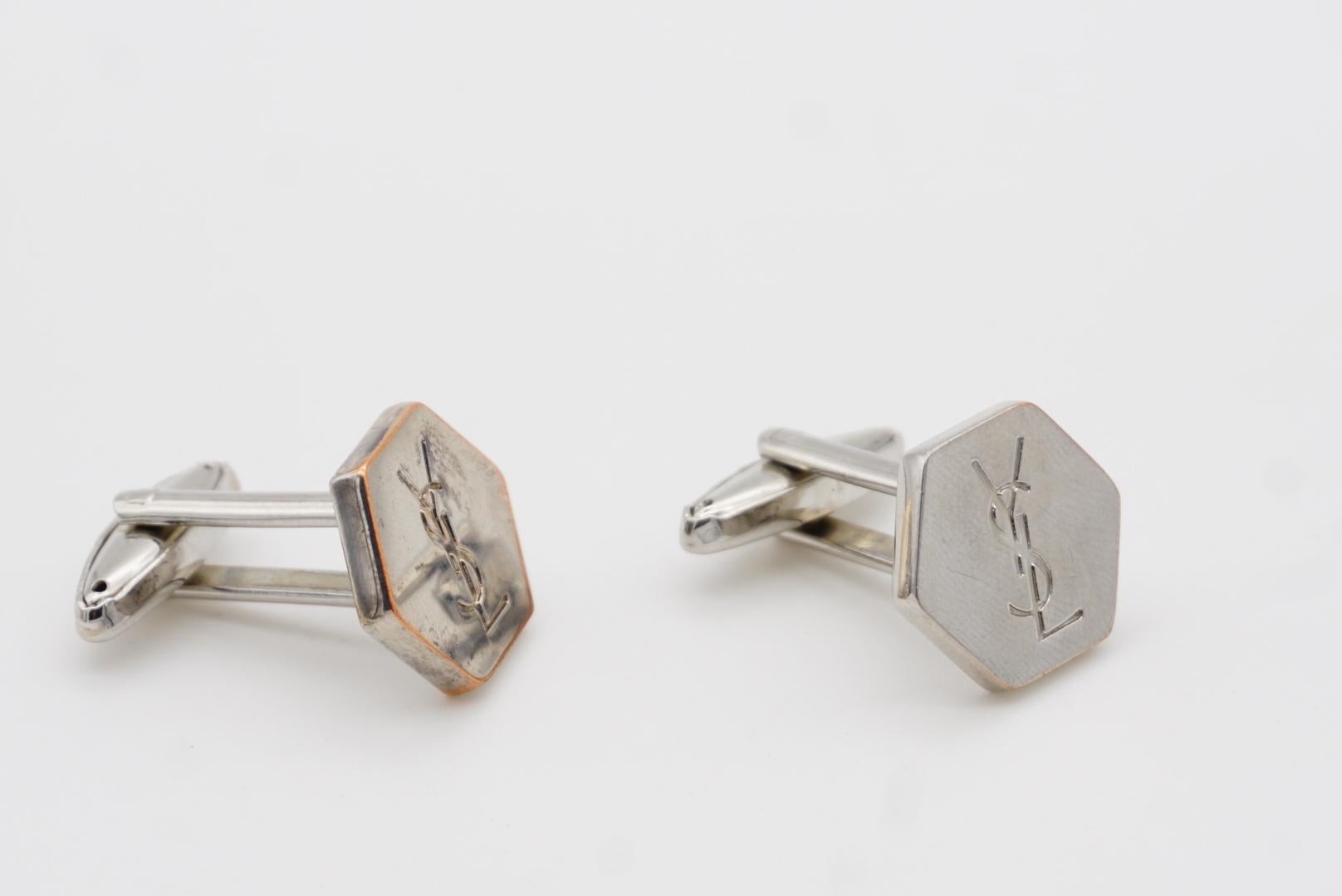 Yves Saint Laurent Vintage Classic Logo Hallmark YSL Hexagon Silver Cufflinks For Sale 2