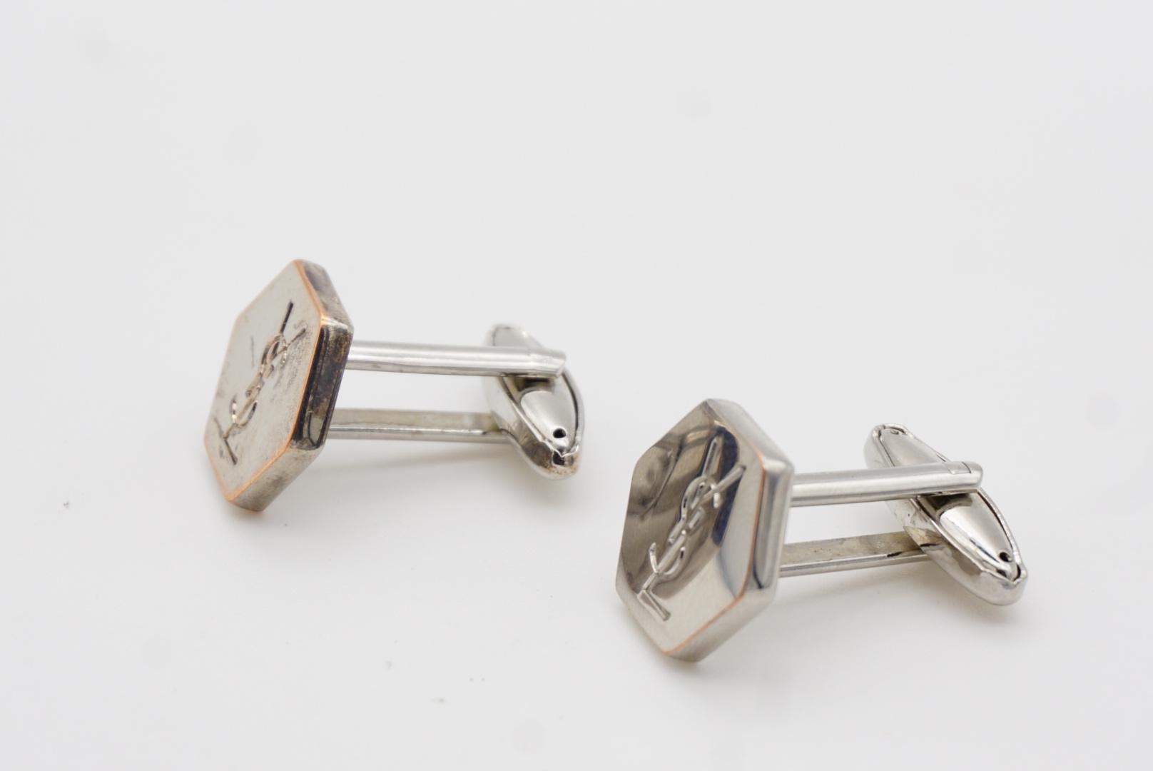 Yves Saint Laurent Vintage Classic Logo Hallmark YSL Hexagon Silver Cufflinks For Sale 3