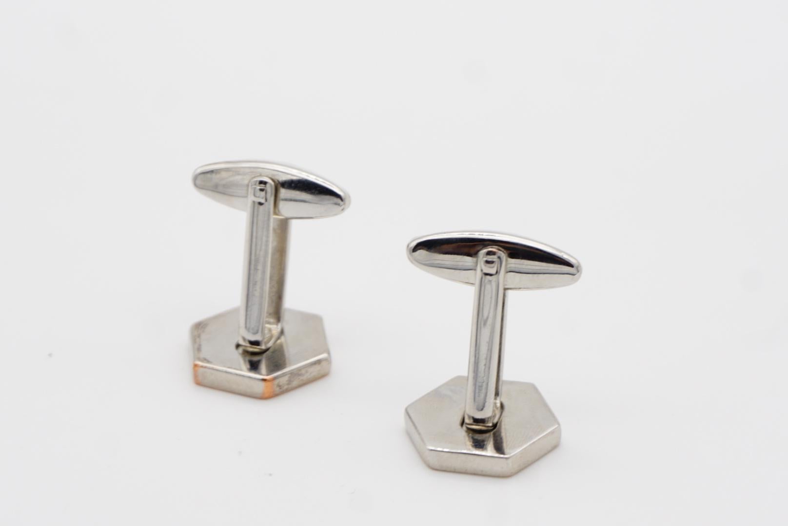Yves Saint Laurent Vintage Classic Logo Hallmark YSL Hexagon Silver Cufflinks For Sale 4