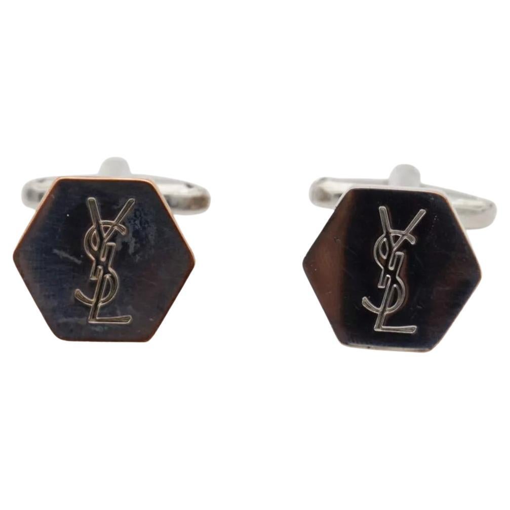 Yves Saint Laurent Vintage Classic Logo Hallmark YSL Hexagon Silver Cufflinks For Sale