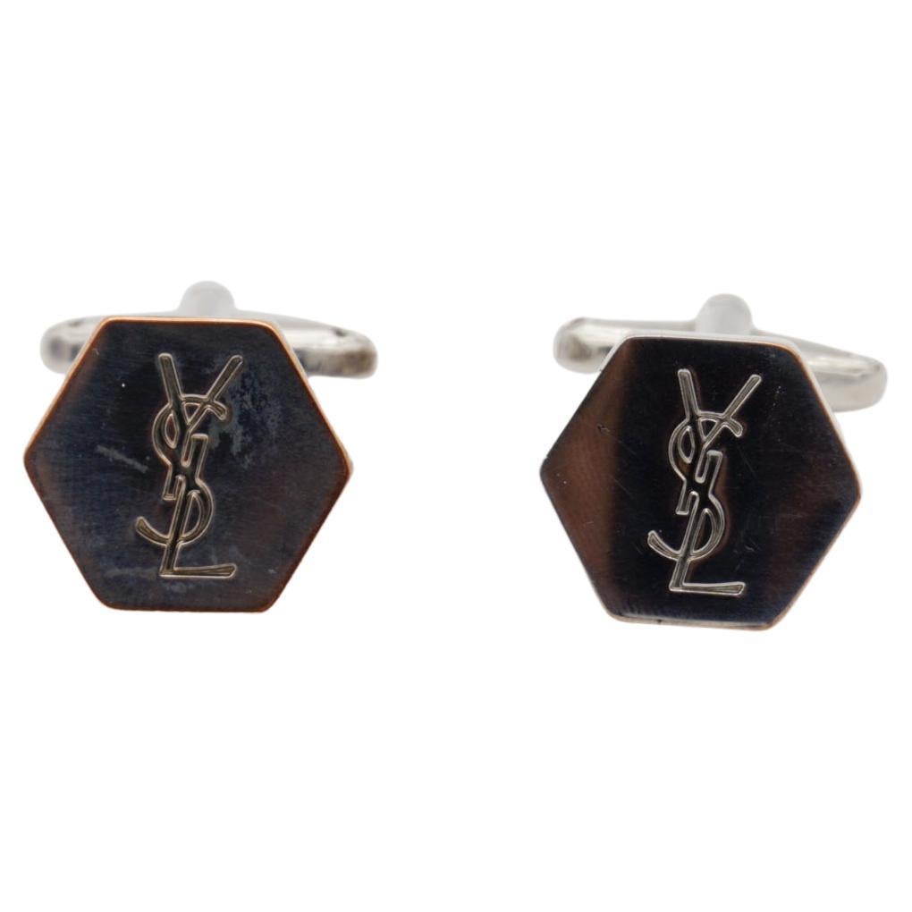 Yves Saint Laurent Vintage Classic Logo Hallmark YSL Hexagon Gemelli in argento in vendita