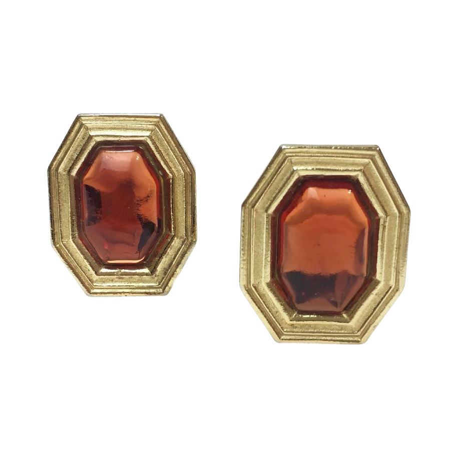 YVES SAINT LAURENT Vintage Clip-on Earrings in Gilt Metal and Orange Resin