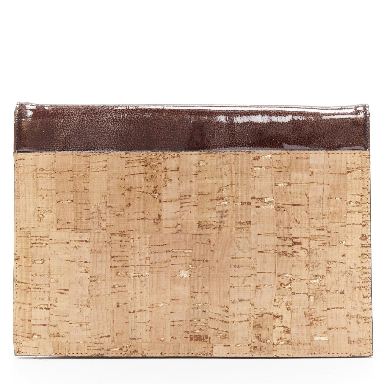 YVES SAINT LAURENT Vintage Cork brown patent leather small envelope clutch bag For Sale 1