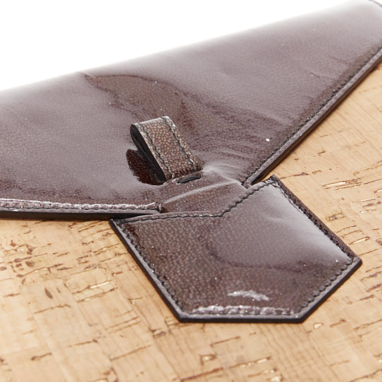 YVES SAINT LAURENT Vintage Cork brown patent leather small envelope clutch bag For Sale 3