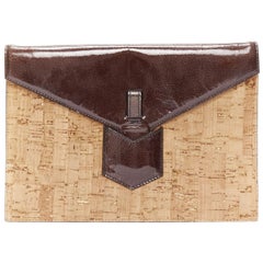 YVES SAINT LAURENT Vintage Cork brown patent leather small envelope clutch bag