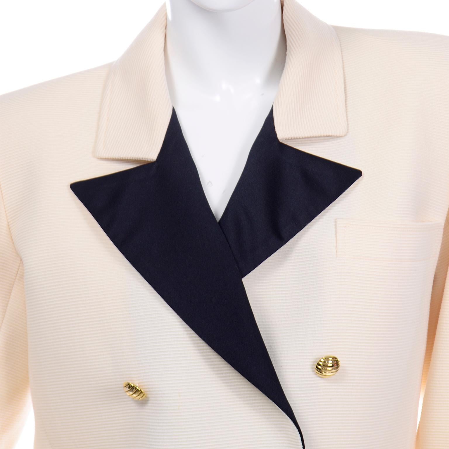 White Yves Saint Laurent Vintage Cream Ribbed Wool YSL Blazer Jacket w Black Lapels