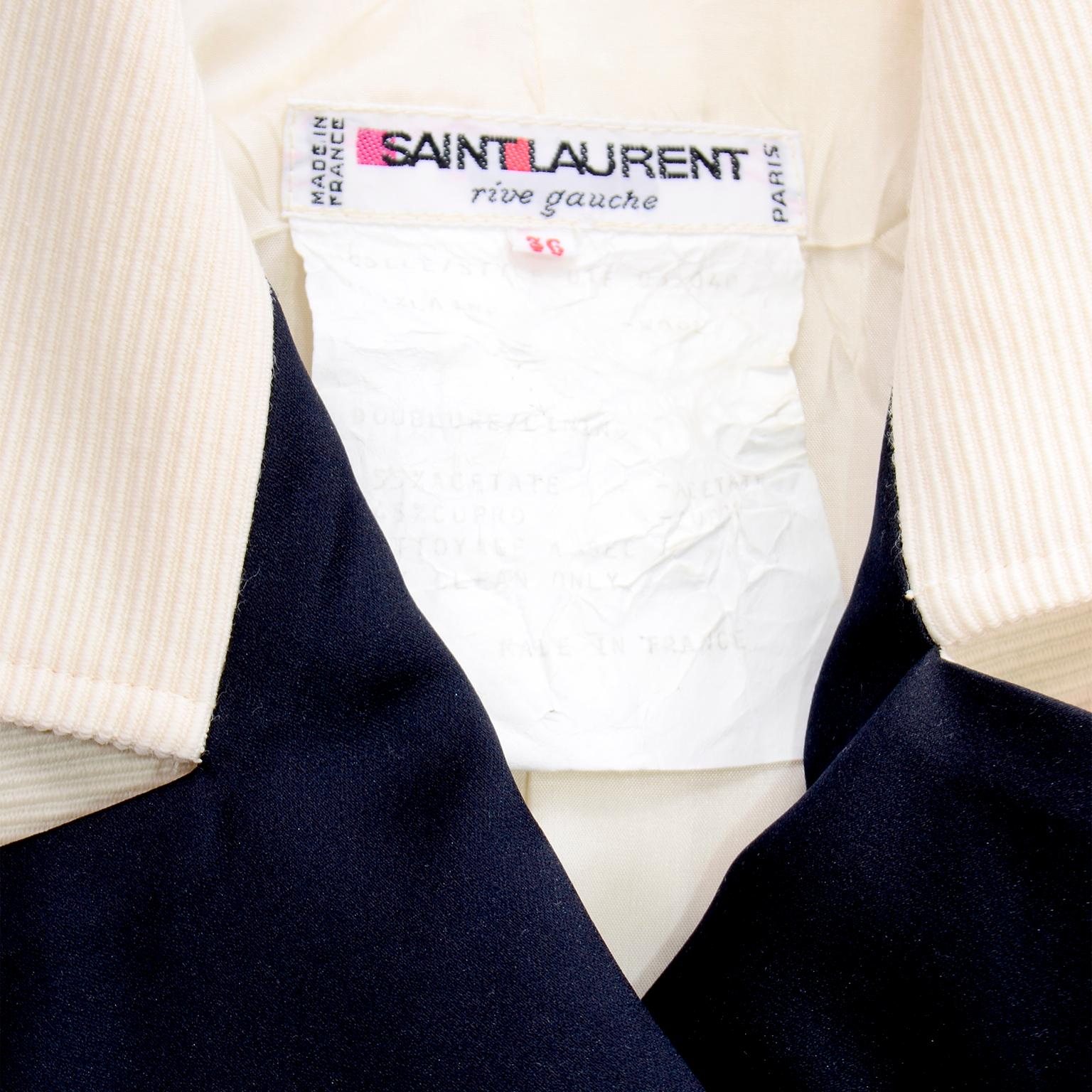 Yves Saint Laurent Vintage Cream Ribbed Wool YSL Blazer Jacket w Black Lapels 1