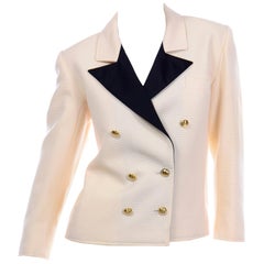 Yves Saint Laurent Retro Cream Ribbed Wool YSL Blazer Jacket w Black Lapels