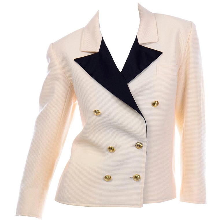 Yves Saint Laurent Vintage Cream Ribbed Wool YSL Blazer Jacket w Black  Lapels at 1stDibs