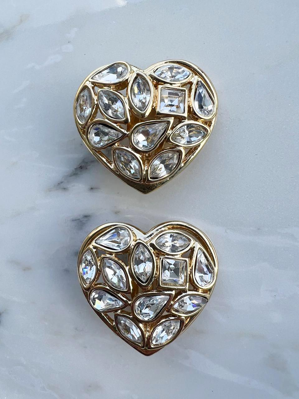 Art Deco Yves Saint Laurent Vintage Crystal Heart Clip-On Earrings, 1980s For Sale