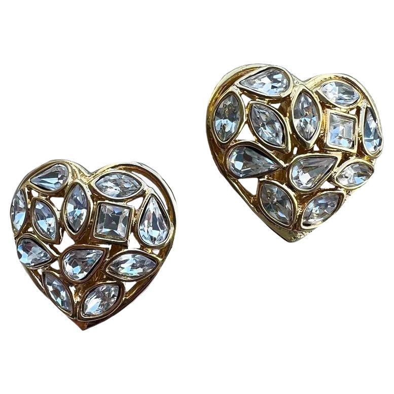 Yves Saint Laurent Vintage Crystal Heart Clip-On Earrings, 1980s