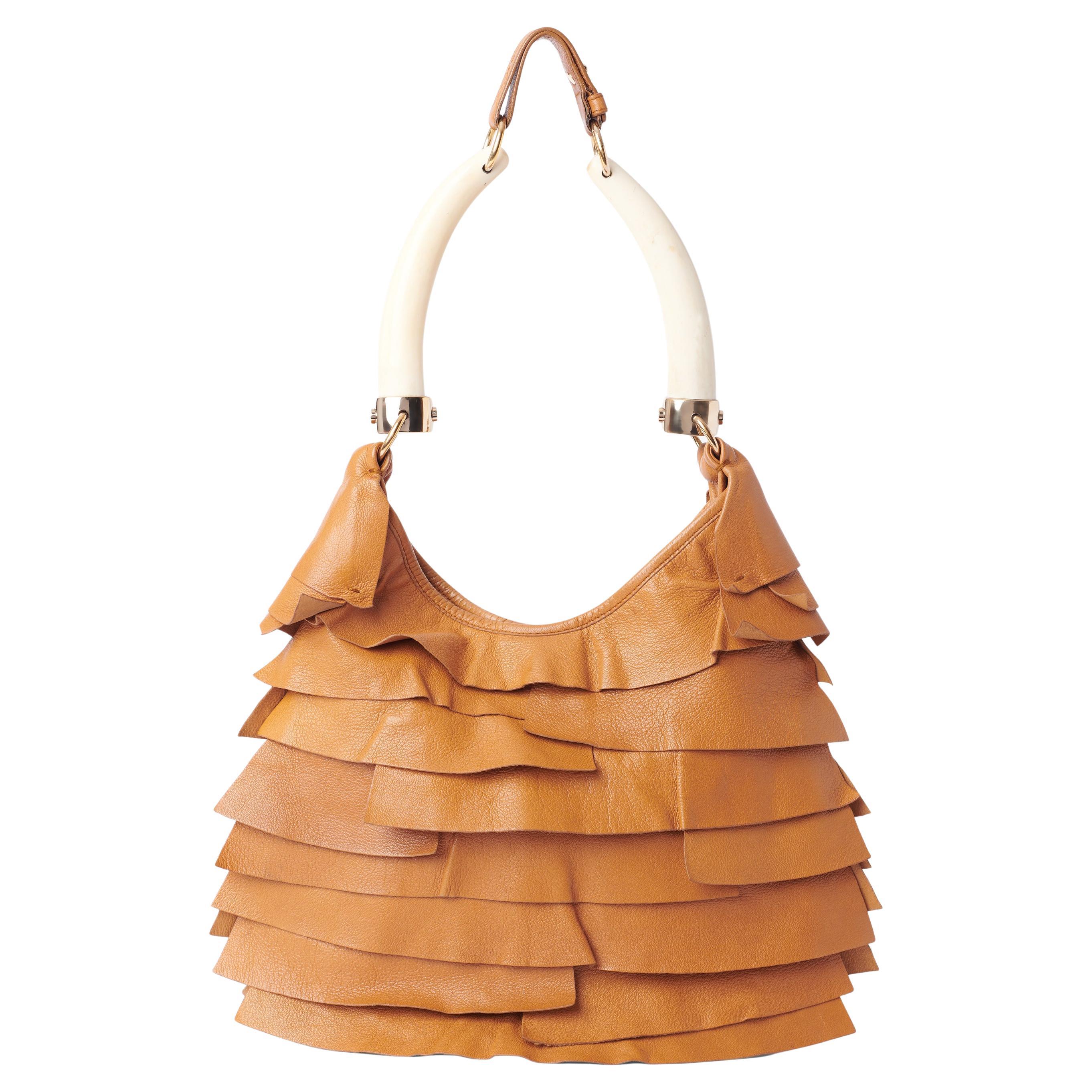 Yves Saint Laurent Vintage F/W 2004 Camel St Tropez Ruffled Bag For Sale