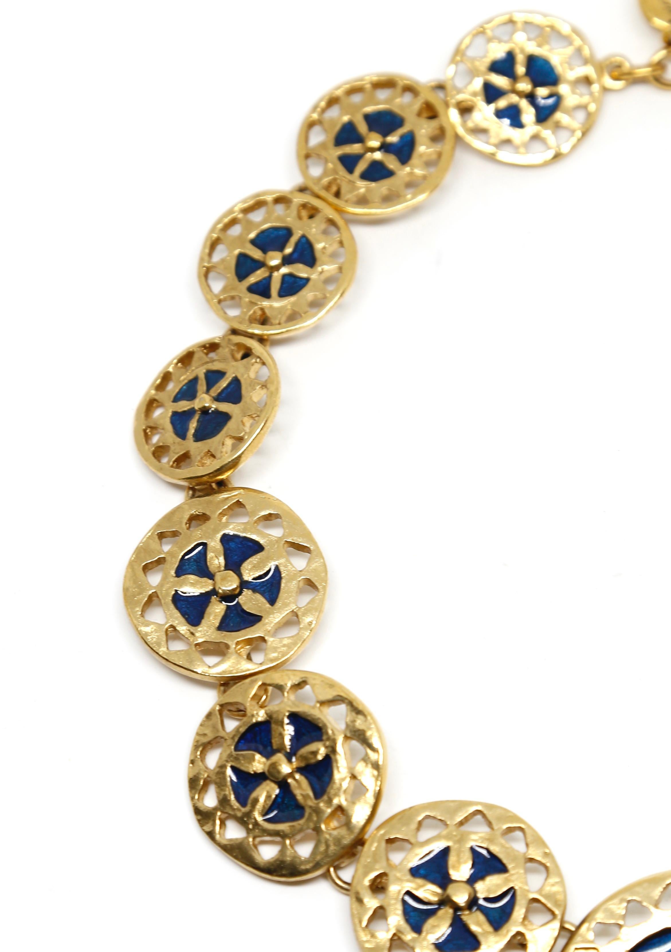  Yves Saint Laurent vintage gilt necklace with blue enamel and glass stone In Excellent Condition In San Fransisco, CA