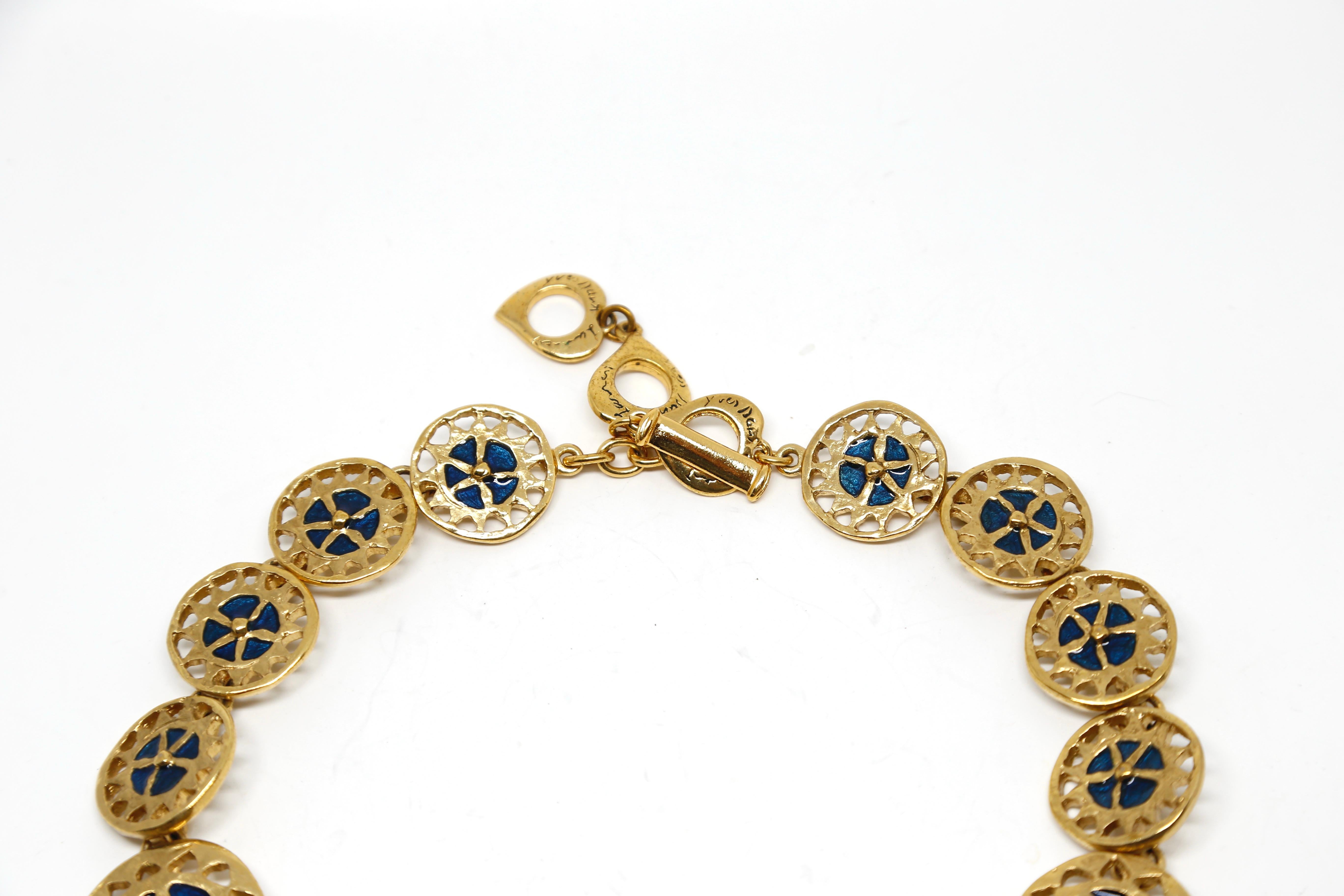 Women's or Men's  Yves Saint Laurent vintage gilt necklace with blue enamel and glass stone