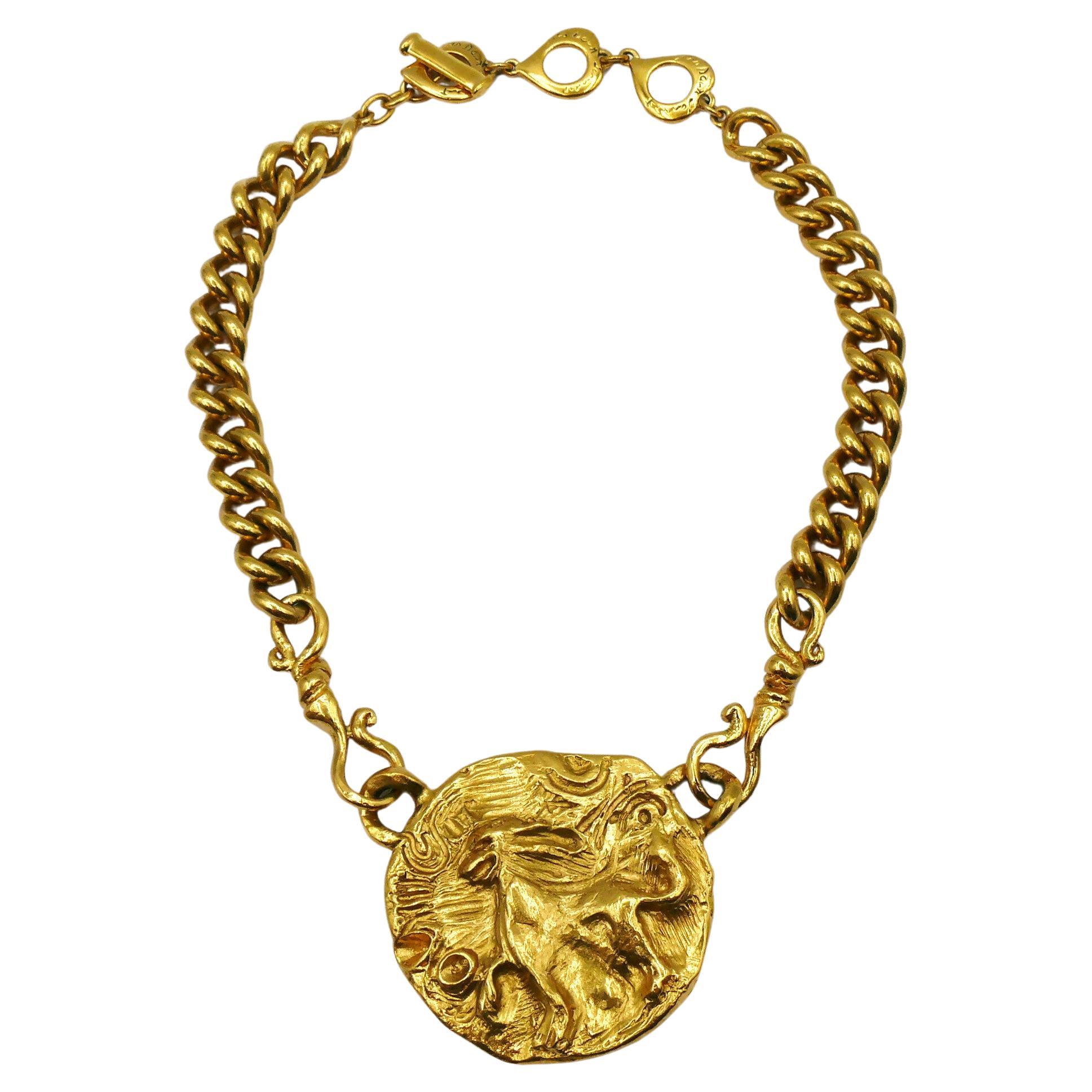 YVES SAINT LAURENT Vintage Gold Tone Mythological Creature Medallion Necklace For Sale