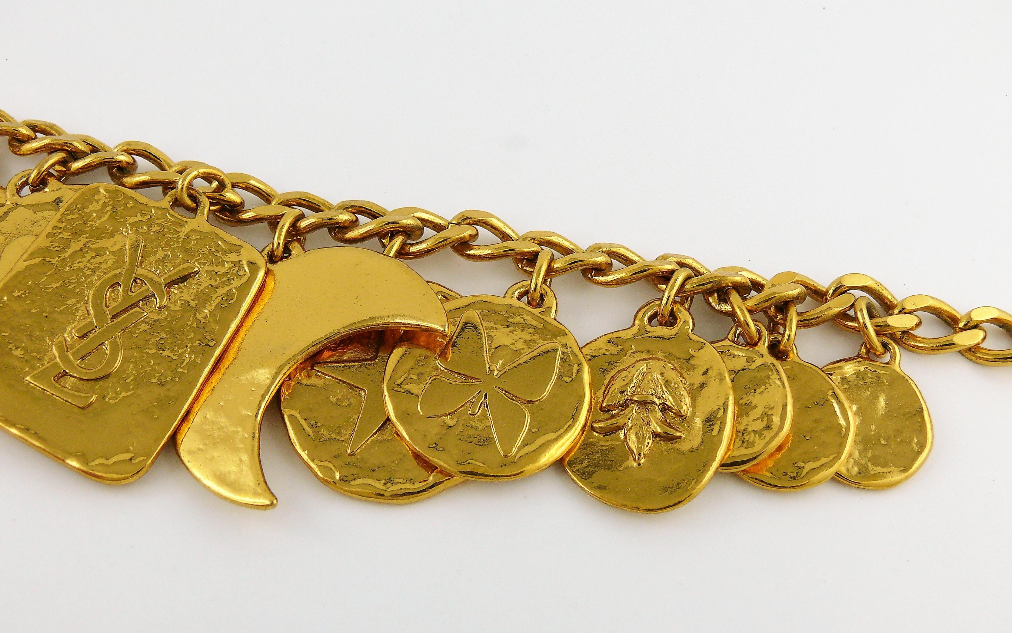 Women's Yves Saint Laurent Vintage Gold Toned Iconic Multi Charm Necklace