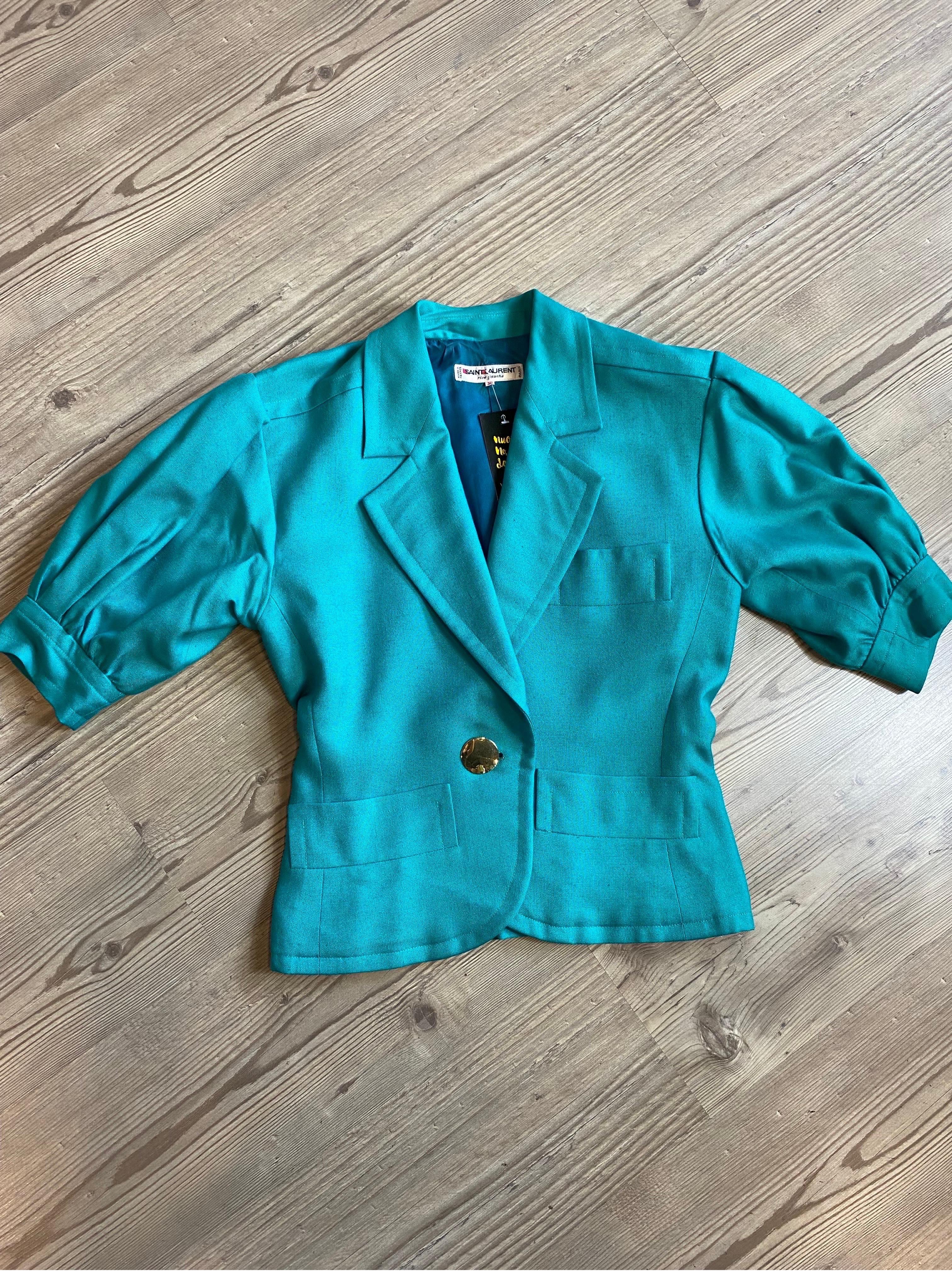 Yves Saint Laurent blazer vintage vert à manches ballons en vente 2
