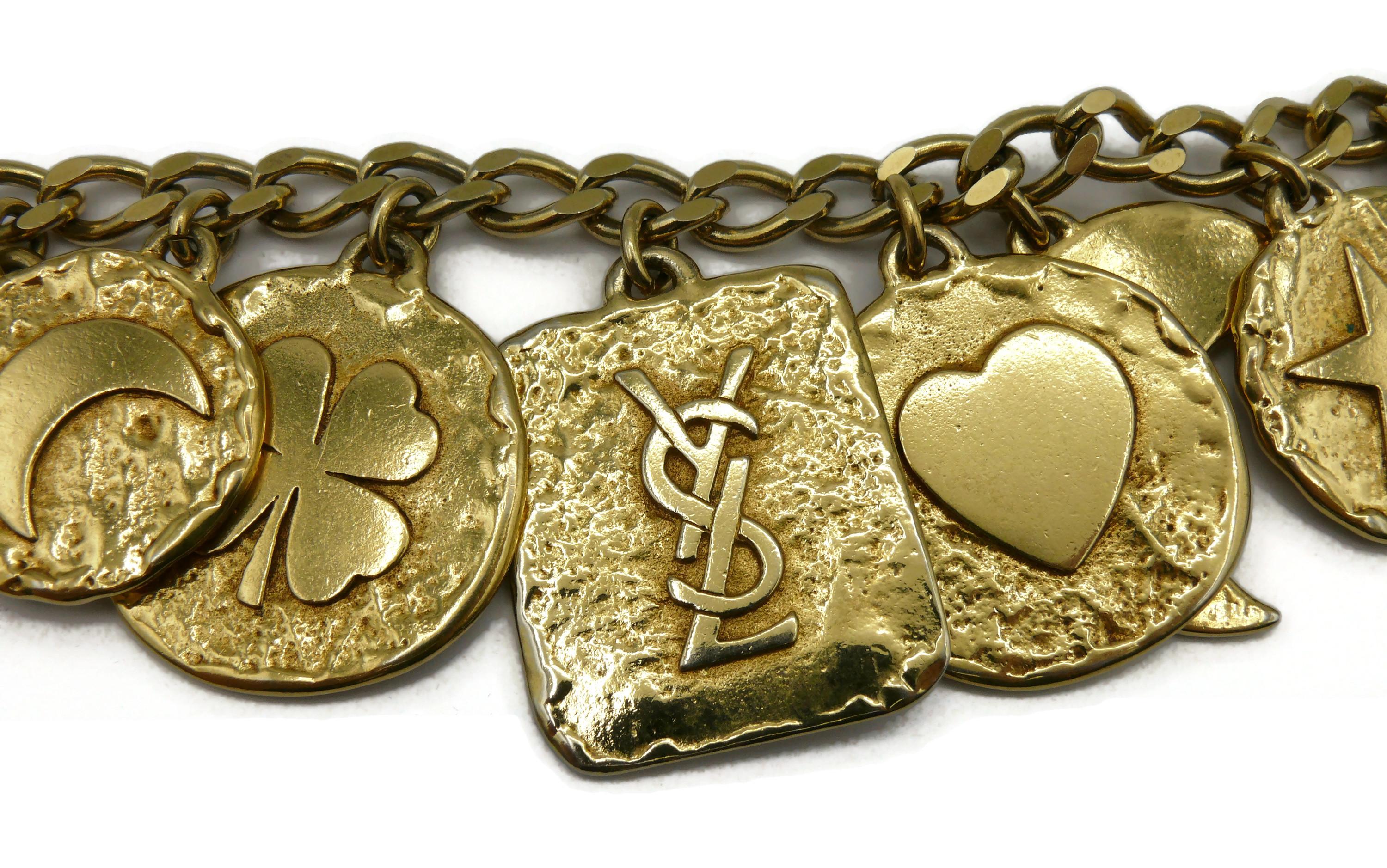 YVES SAINT LAURENT Vintage Iconic Gold Tone Charm Necklace For Sale 5