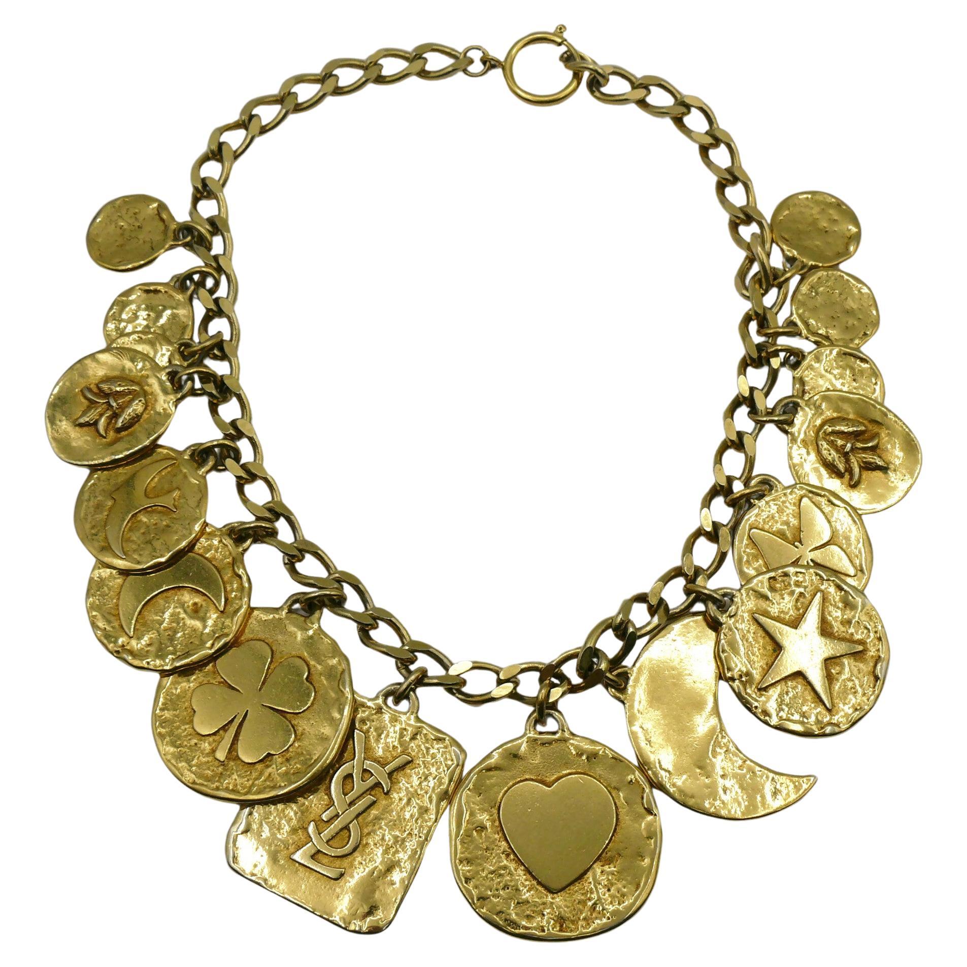 YVES SAINT LAURENT Vintage Iconic Gold Tone Charm Necklace For Sale