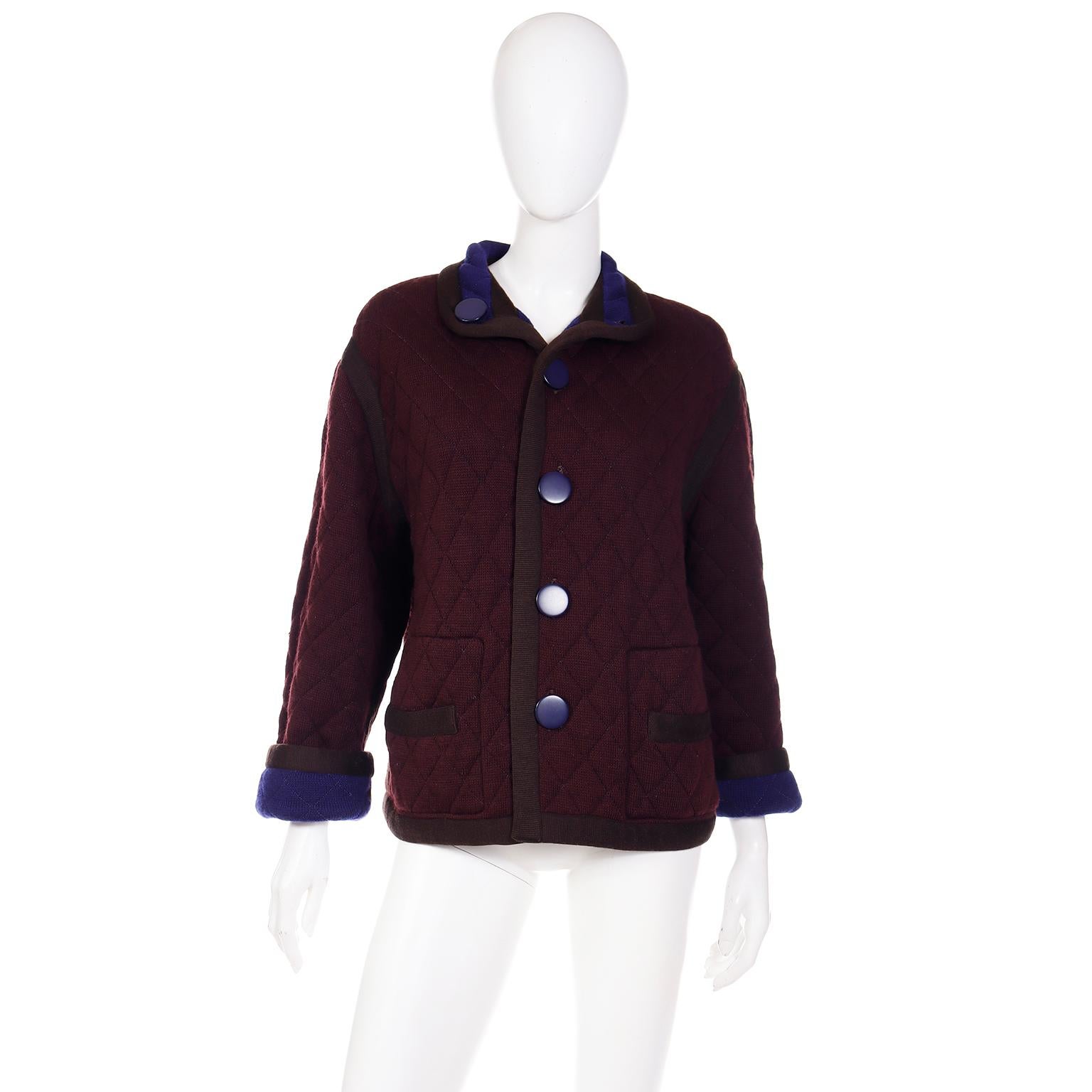 Yves Saint Laurent Vintage Jacket YSL Reversible Blue Plum Purple Quilted Coat In Excellent Condition In Portland, OR