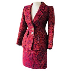 YVES SAINT-LAURENT Vintage Jacquard Brocade Floral Printed Suit Fitted Jacket Sk