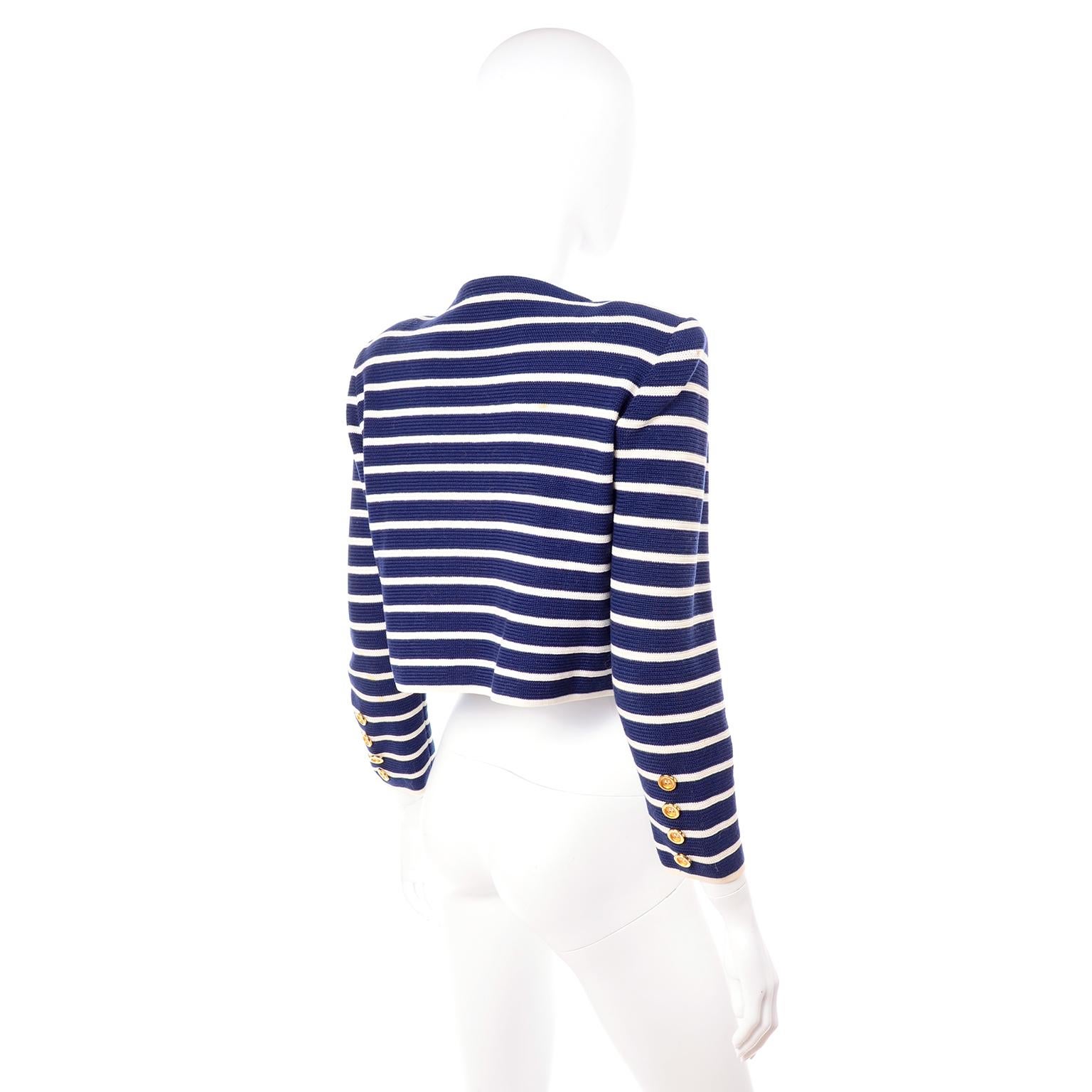 Yves Saint Laurent Vintage Navy & White Stripe Cotton Nautical Style Jacket In Excellent Condition In Portland, OR