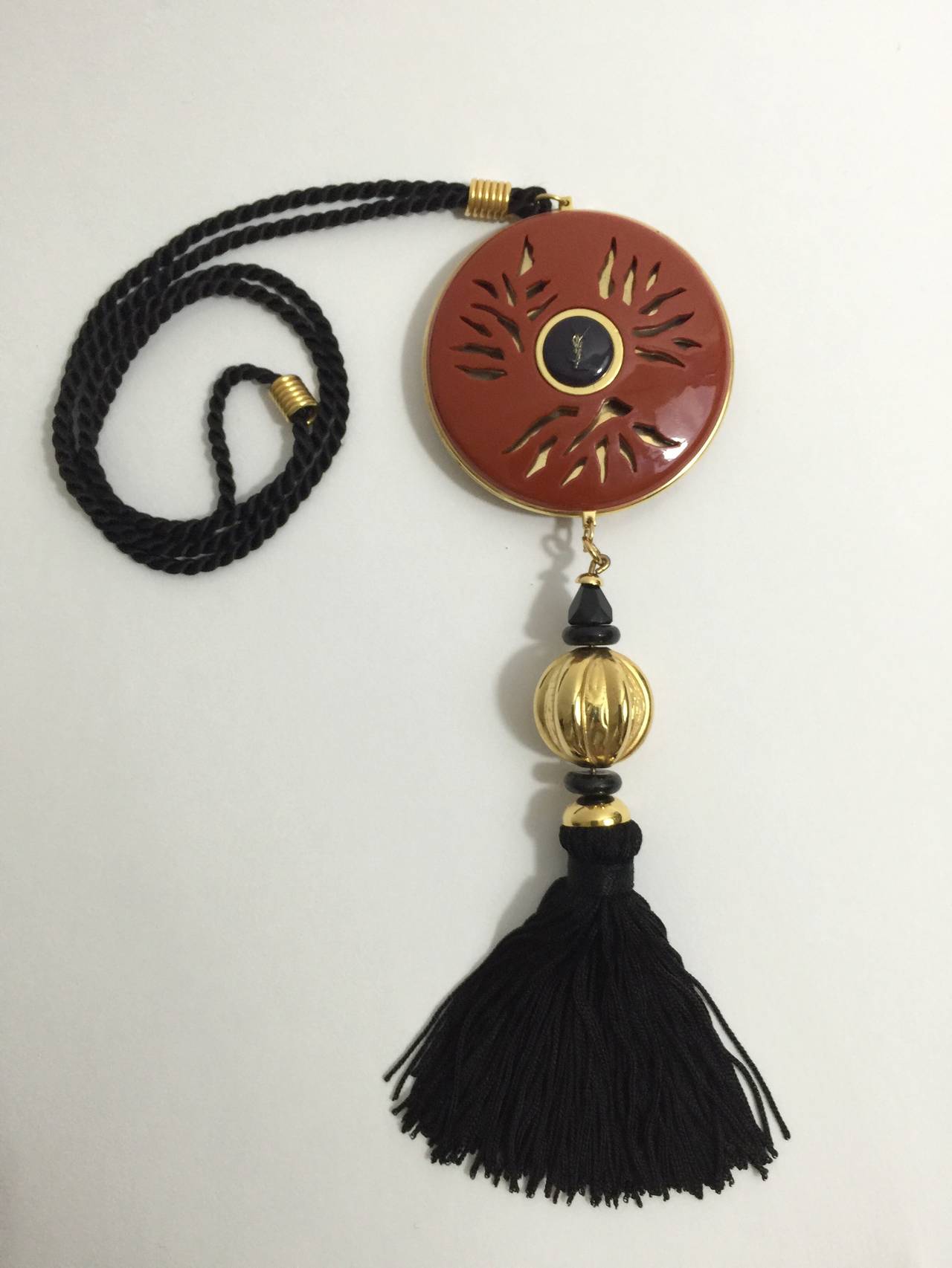 Modern Yves Saint Laurent Vintage Opium Pendant & Gold Bead Black Tassel Necklace For Sale