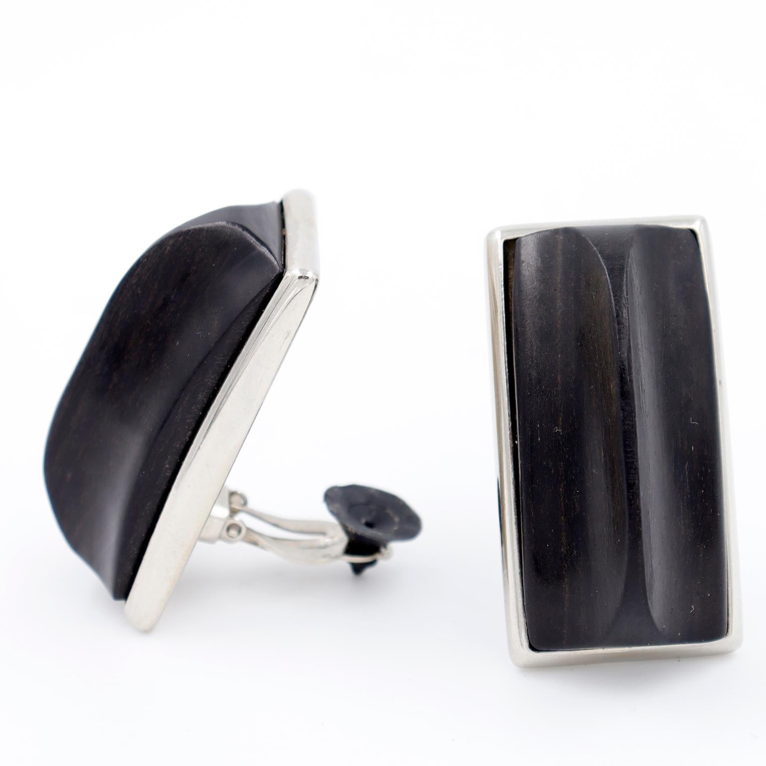 Yves Saint Laurent Vintage Oversized Black Ebony  Wood Earrings In Excellent Condition For Sale In Portland, OR