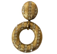 YVES SAINT-LAURENT Vintage Oversized Hoop Dangling Earrings Gold Crystals 1980s