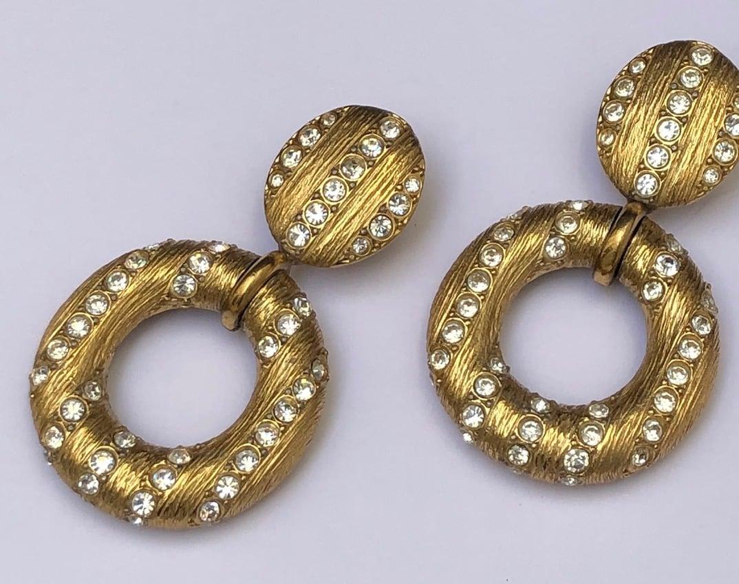 Brilliant Cut YVES SAINT-LAURENT Vintage Oversized Hoop Dangling Earrings Gold Crystals 1980s For Sale