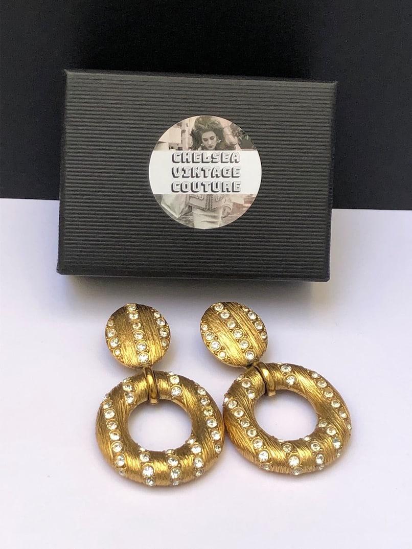 YVES SAINT-LAURENT Vintage Oversized Hoop Dangling Earrings Gold Crystals 1980s In Excellent Condition For Sale In London, GB