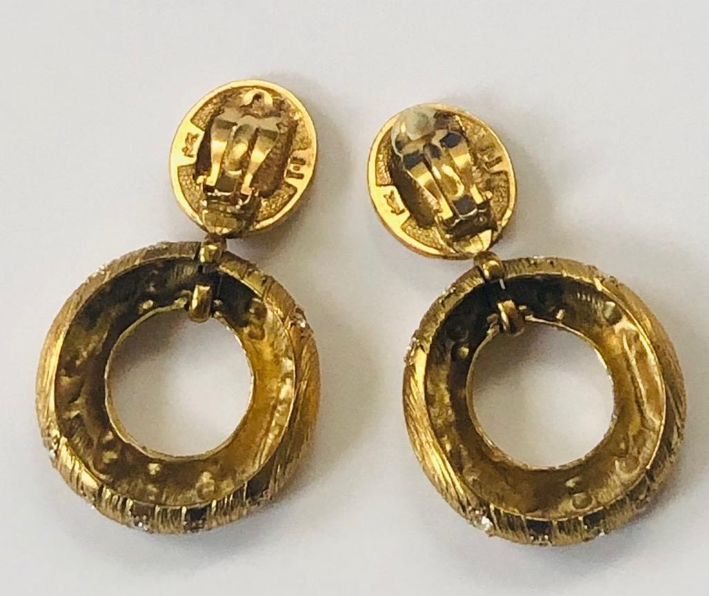 Women's YVES SAINT-LAURENT Vintage Oversized Hoop Dangling Earrings Gold Crystals 1980s For Sale