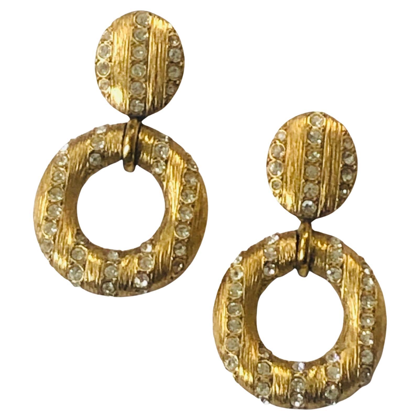 YVES SAINT-LAURENT Vintage Oversized Hoop Dangling Earrings Gold Crystals 1980s For Sale