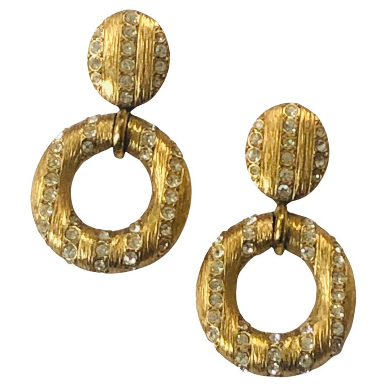 YVES SAINT-LAURENT Vintage Oversized Hoop Dangling Earrings Gold Crystals  1980s