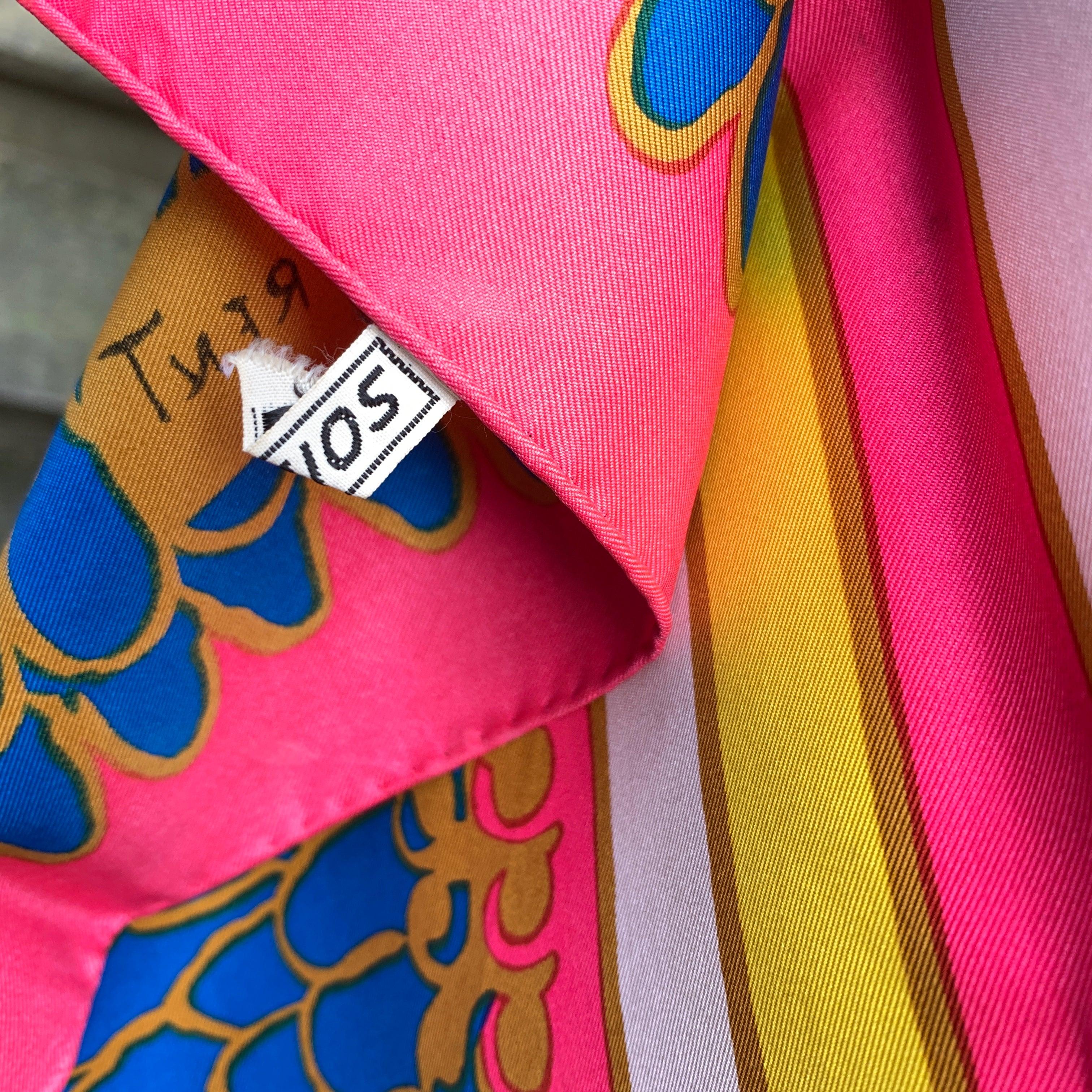 Orange Yves Saint Laurent Vintage Pink Blue Multicolour Squares Silk Scarf