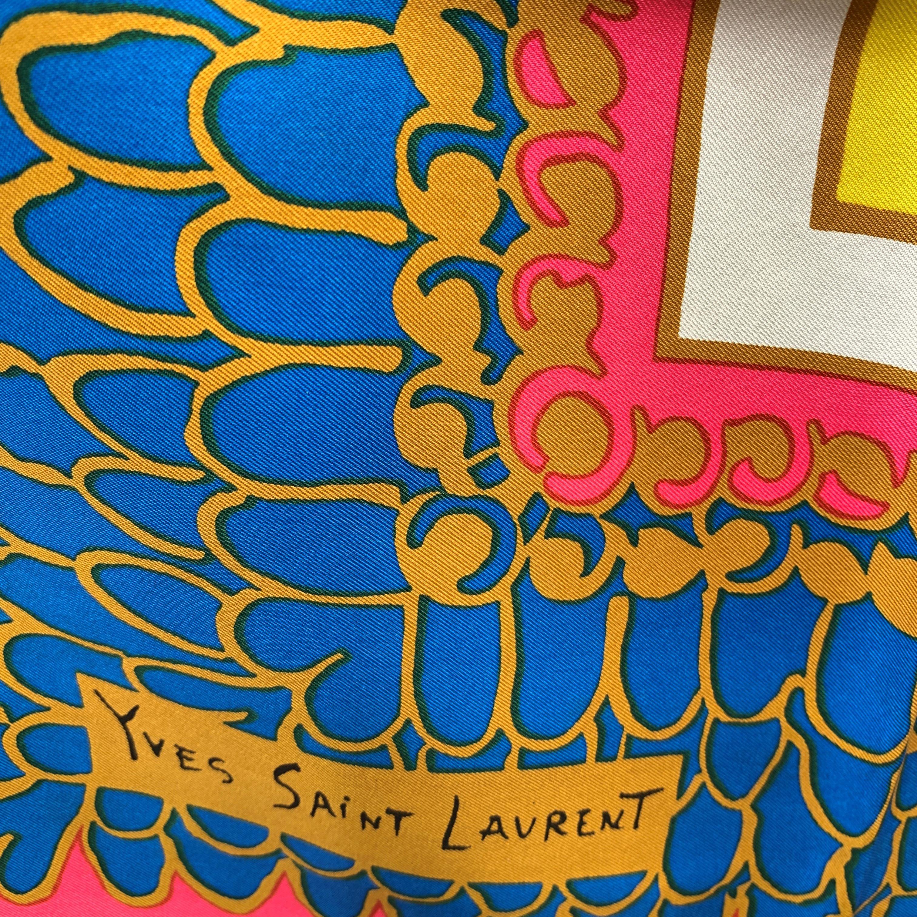 Women's Yves Saint Laurent Vintage Pink Blue Multicolour Squares Silk Scarf