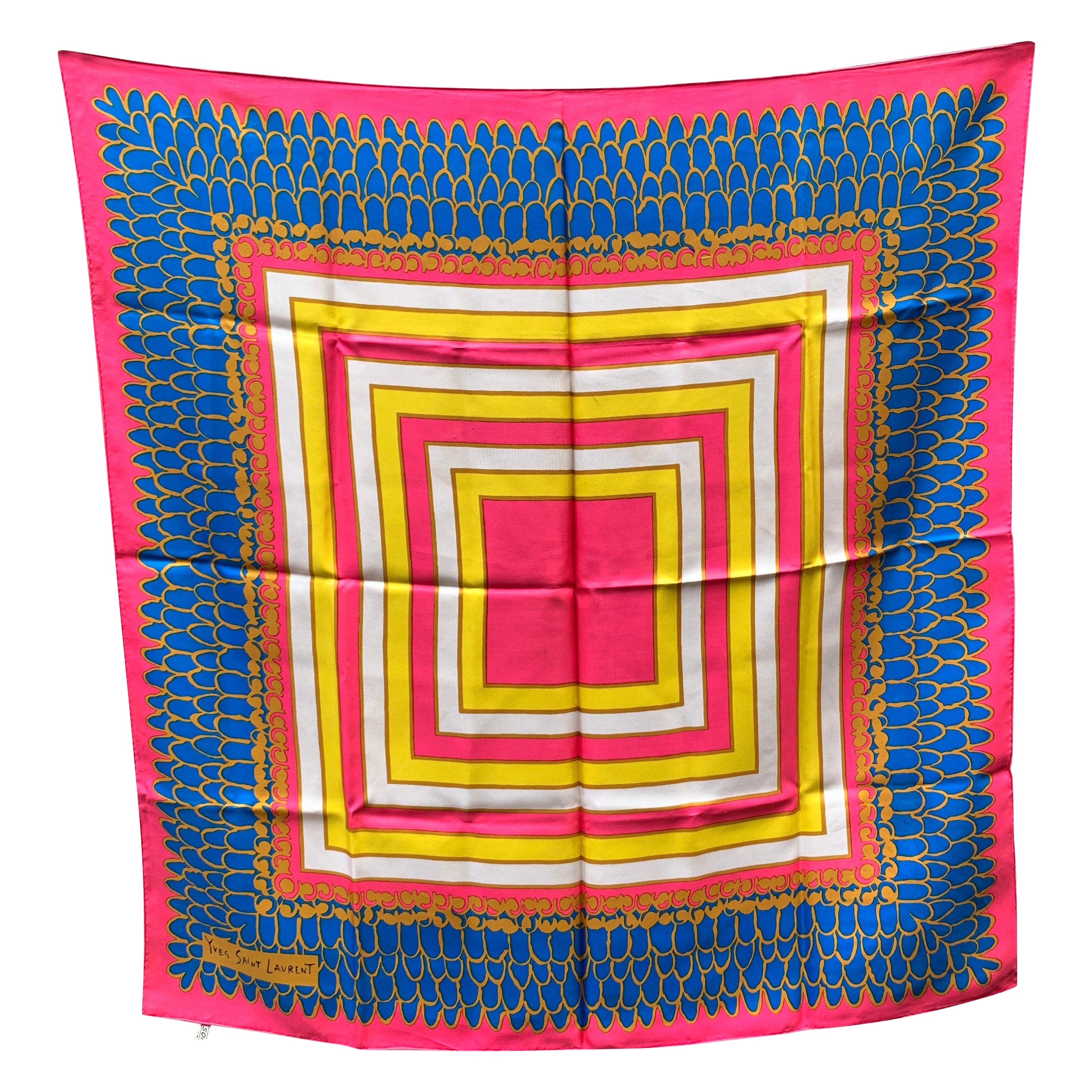 Yves Saint Laurent Vintage Pink Blue Multicolour Squares Silk Scarf
