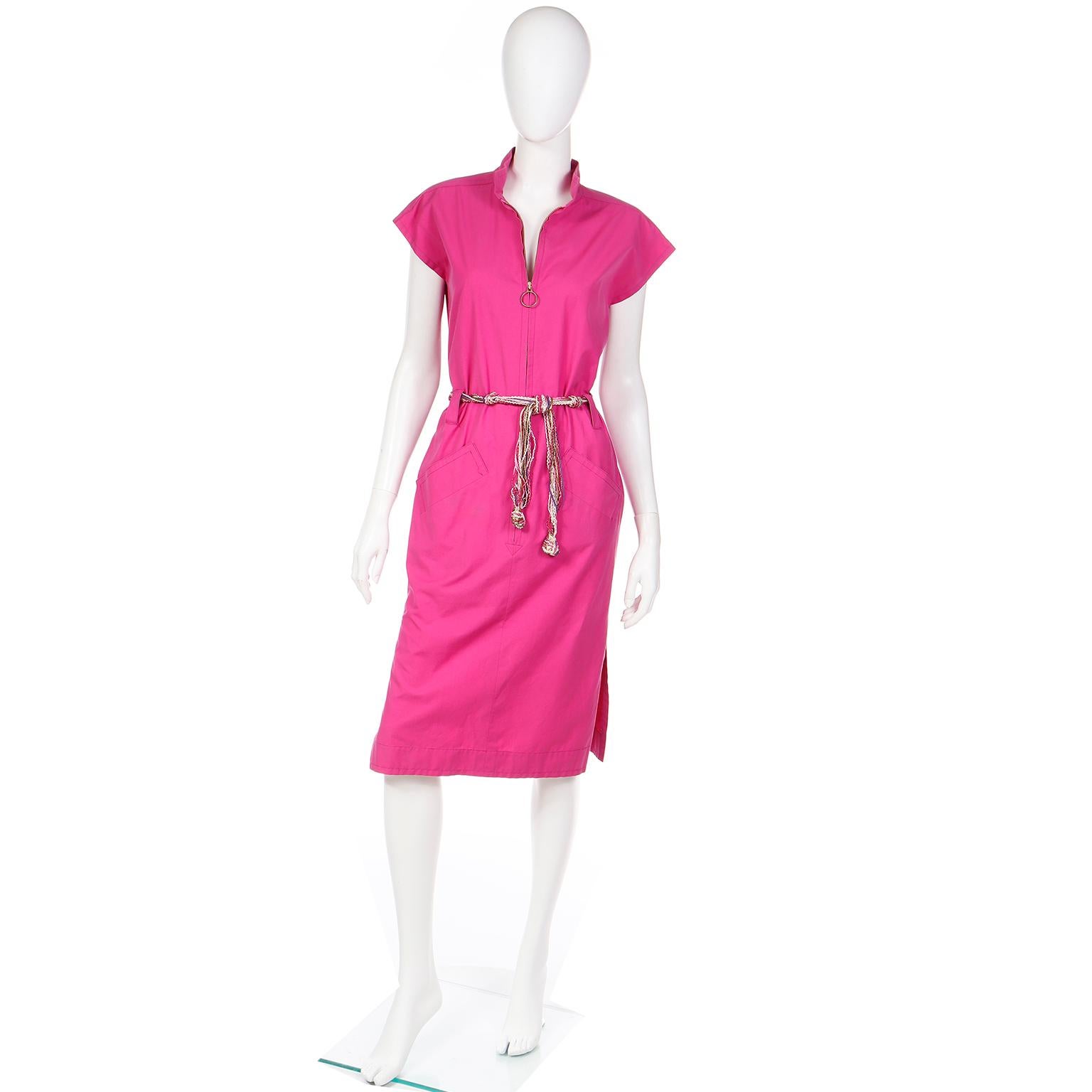 Yves Saint Laurent Vintage Pink Cotton Dress With Front Zipper & 2 Belt Options In Excellent Condition For Sale In Portland, OR