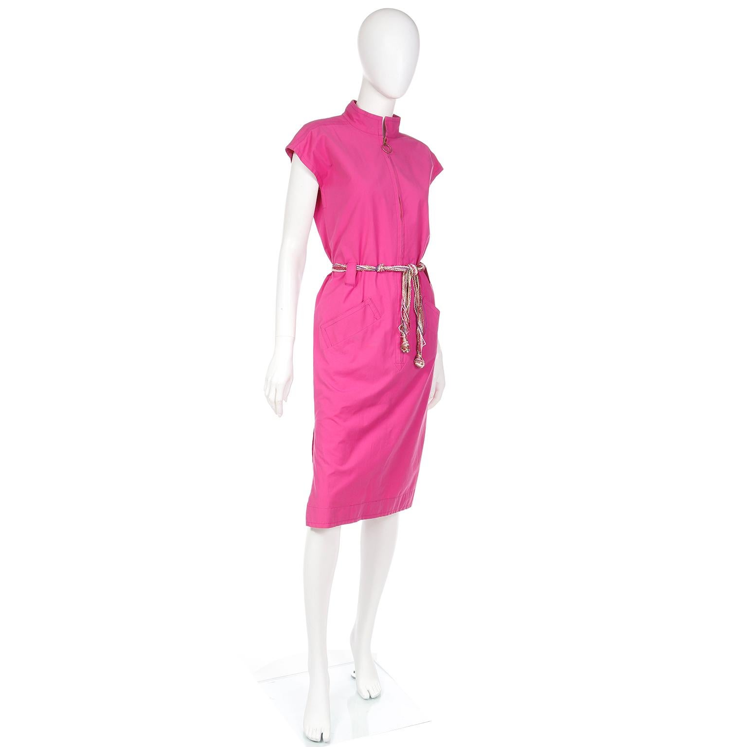 Women's Yves Saint Laurent Vintage Pink Cotton Dress With Front Zipper & 2 Belt Options For Sale