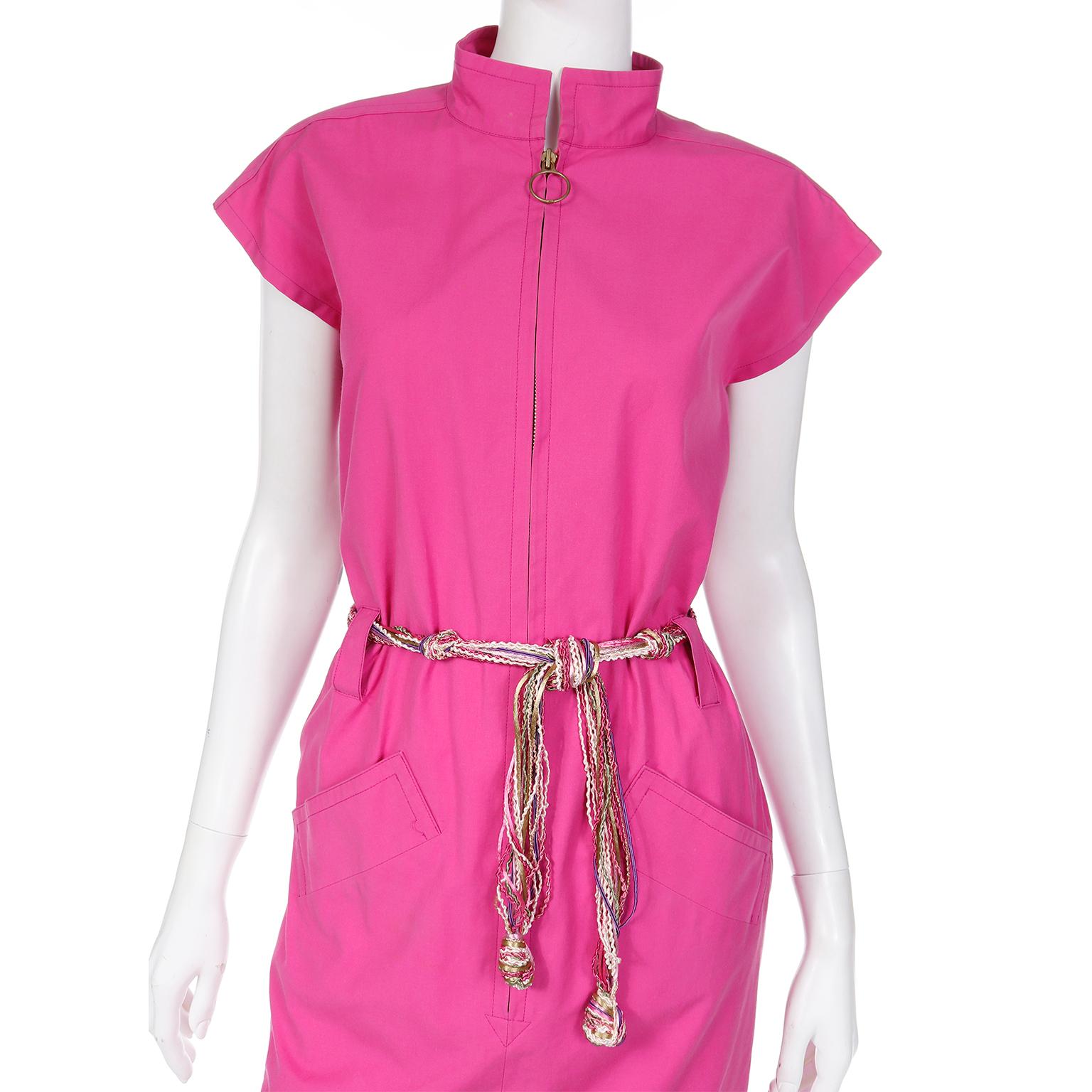 Yves Saint Laurent Vintage Pink Cotton Dress With Front Zipper & 2 Belt Options For Sale 2