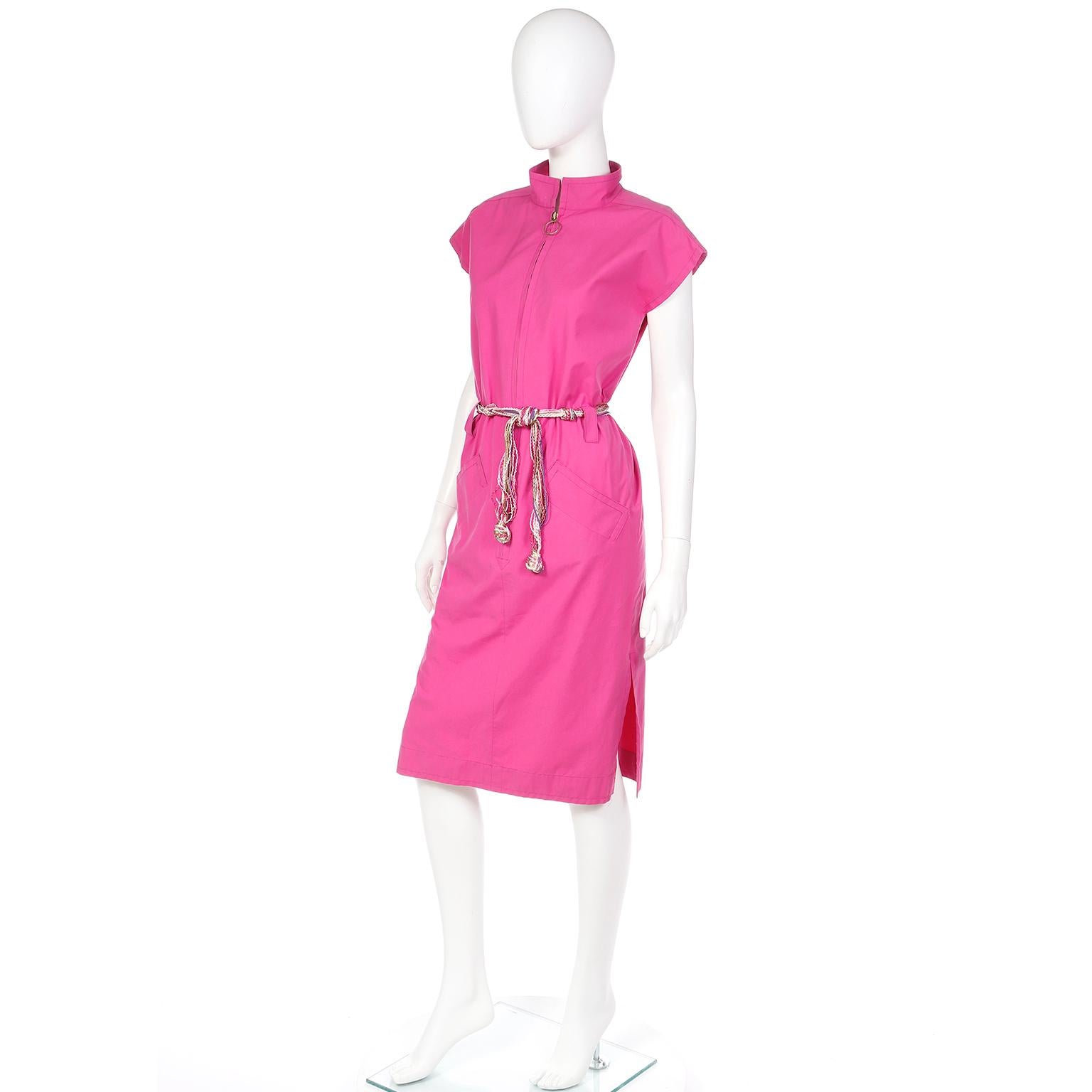 Yves Saint Laurent Vintage Pink Cotton Dress With Front Zipper & 2 Belt Options For Sale 3
