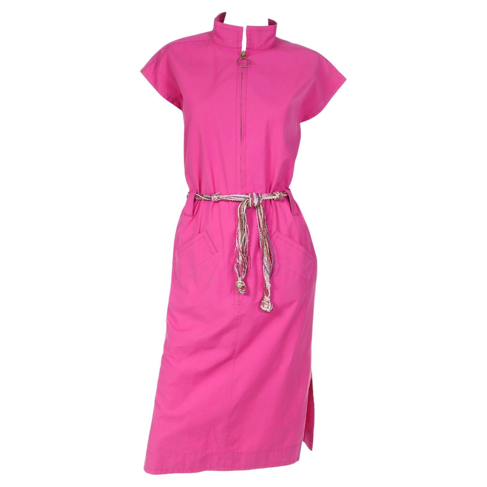 Yves Saint Laurent Vintage Pink Cotton Dress With Front Zipper & 2 Belt Options For Sale