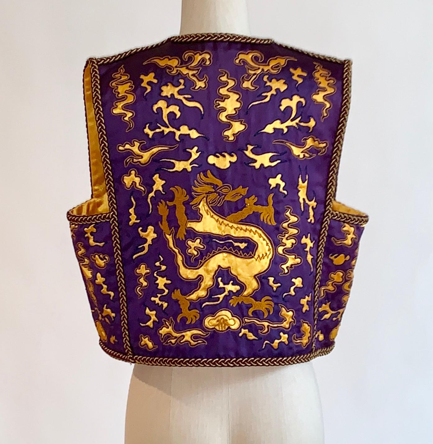 Black Yves Saint Laurent Vintage Purple and Gold Dragon Print Cropped Vest 1960s 1970s