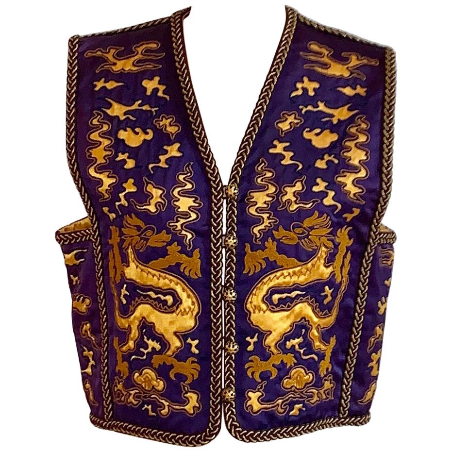 Yves Saint Laurent Vintage Purple and Gold Dragon Print Cropped Vest 1960s  1970s