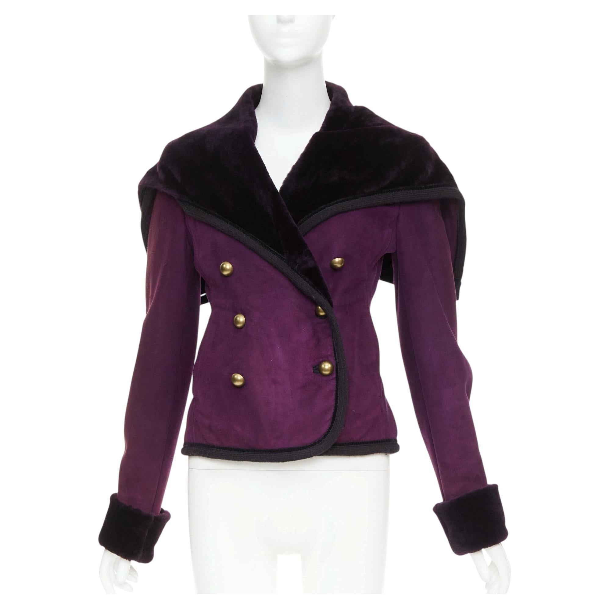 Giacca vintage Yves Saint Laurent in camoscio viola con fodera in pelliccia, a doppio petto, taglia FR36 S