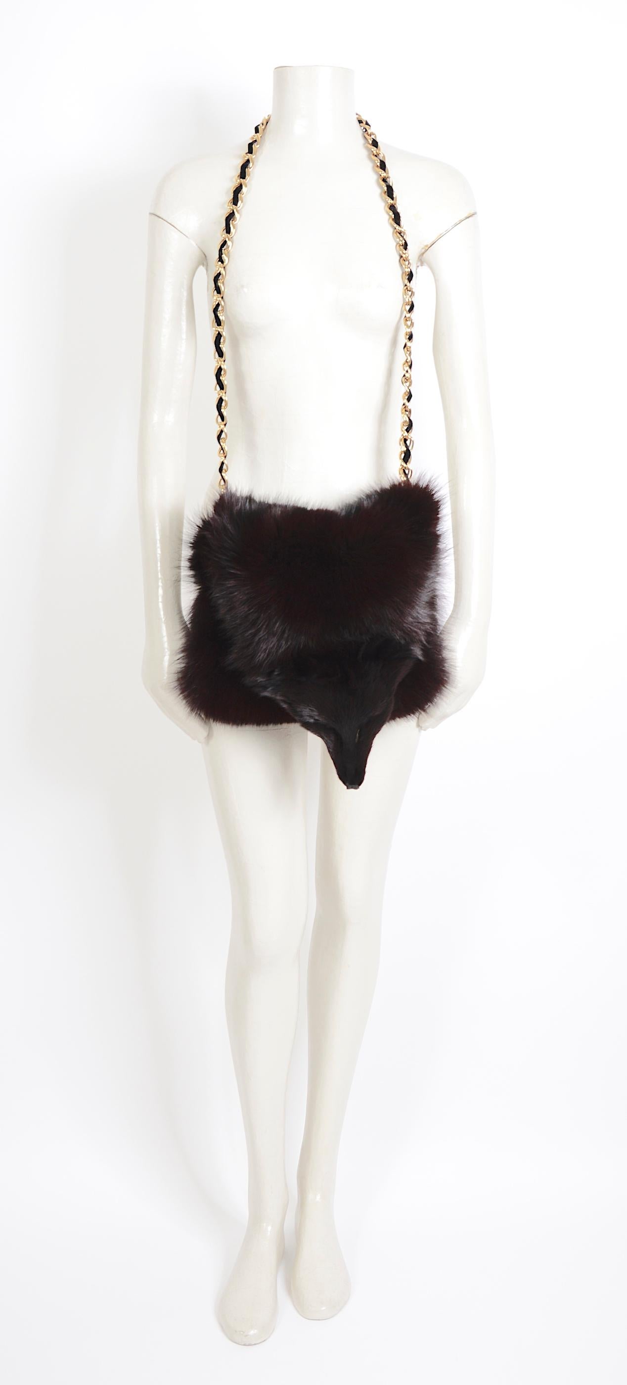 Yves Saint Laurent vintage rare gold chain black fox fur handwarmer muff bag 2